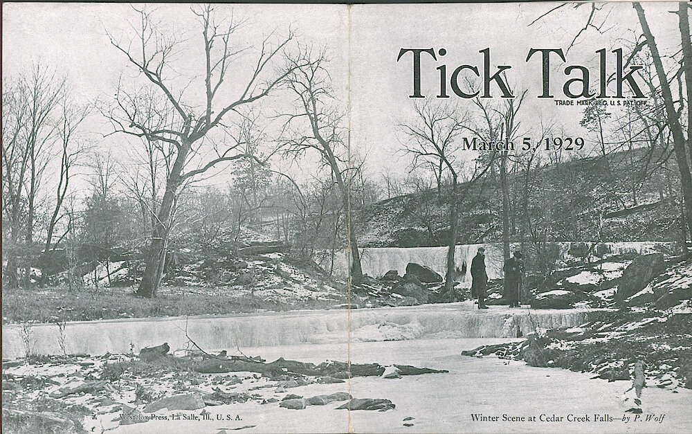 Westclox Tick Talk, March 5, 1929 (Factory Edition), Vol. 14 No. 17 > Cover. Picture: "Winter Scene At Cedar Creek Falls" By P. Wolf