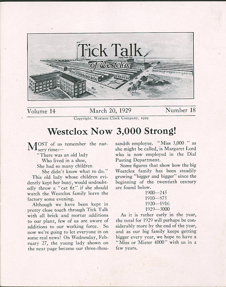 Westclox Tick Talk, March 20, 1929 (Factory edition), Vol. 14 No. 18 > 1. Corporate: "Westclox Now 3000 Strong" Employment Figures: 1900—245; 1910—875; 1920—1916; 1929—3000.