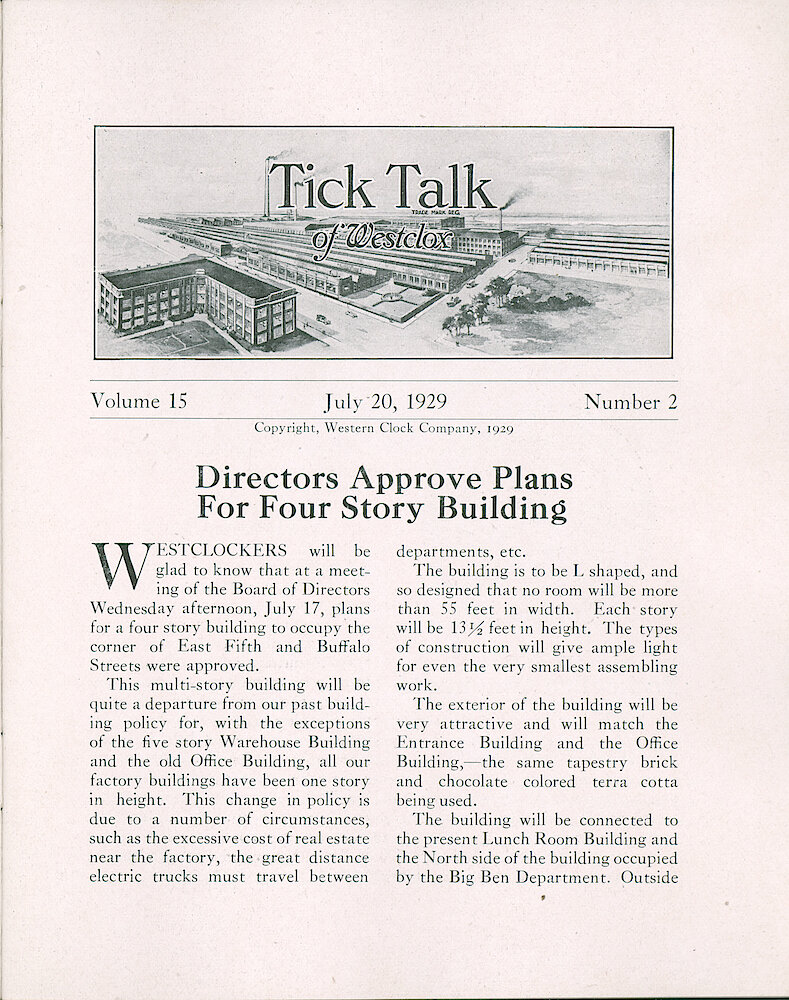 Westclox Tick Talk, July 20, 1929 (Factory Edition), Vol. 15 No. 2 > 1. Factory: "Directors Approve Plan For Four Story Building" Corner Of East Fifth And Buffalo. L-shaped, 24,750 Square Feet.