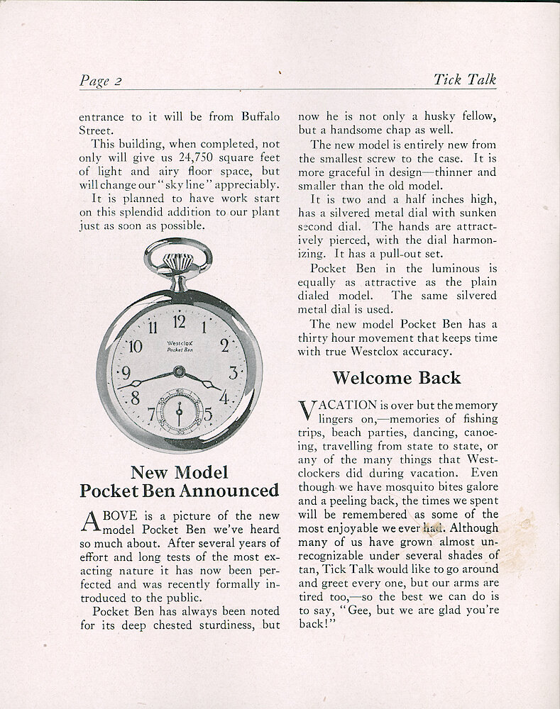 Westclox Tick Talk, July 20, 1929 (Factory Edition), Vol. 15 No. 2 > 2. Factory: "Directors Approve Plan For Four Story Building" New Model: New Pocket Ben (Style 2, Silvered Metal Dial, Oval Pendant).