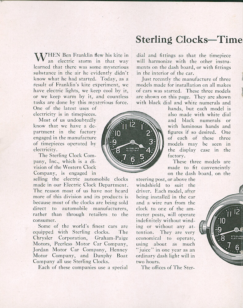 Westclox Tick Talk, July 20, 1929 (Factory Edition), Vol. 15 No. 2 > 12. Manufacturing: "Sterling Clocks—Time Telling By Electricity" Electric Car Clocks.