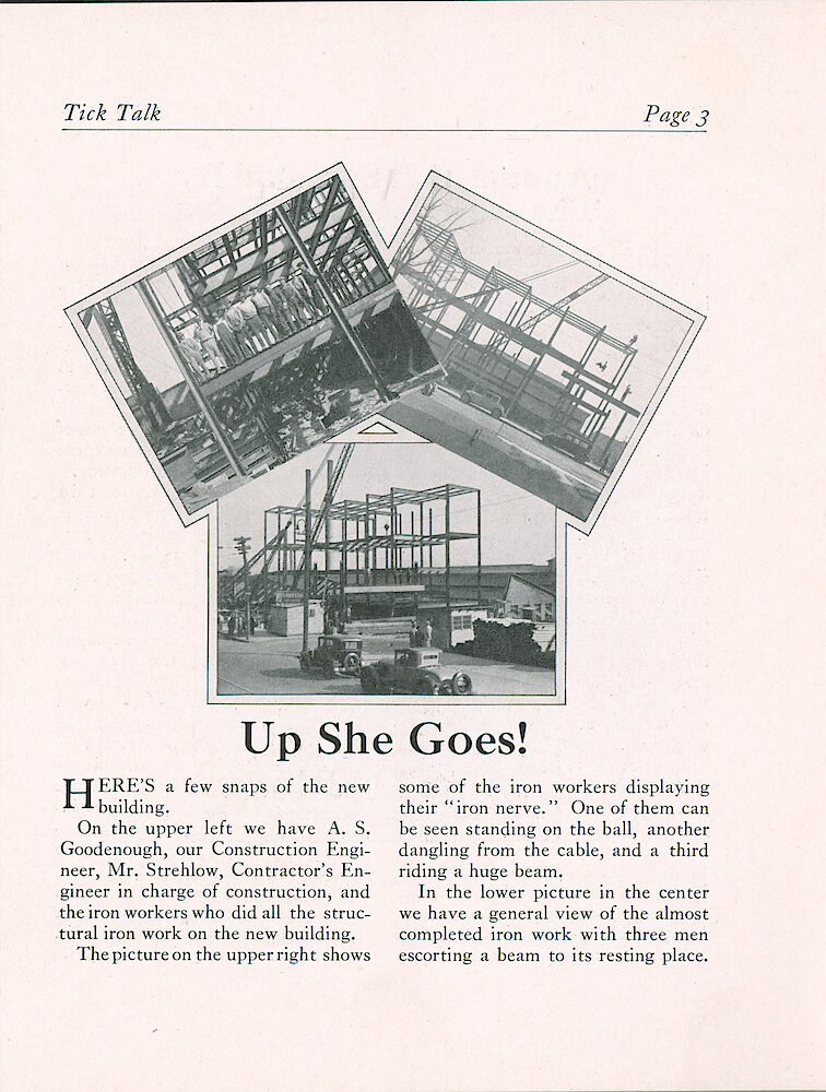 Westclox Tick Talk, November 5, 1929 (Factory Edition), Vol. 15 No. 9 > 3. Factory: "Up She Goes" Pictures Of The Factory Addition In Progress.