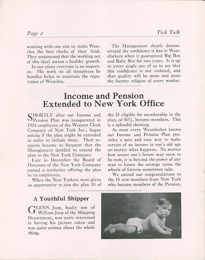 Westclox Tick talk, January 20, 1930 (Factory Edition), Vol. 15 No. 14 > 2. Manufacturing: ""Pa" And Baby Ben Now Guaranteed For Two Years"