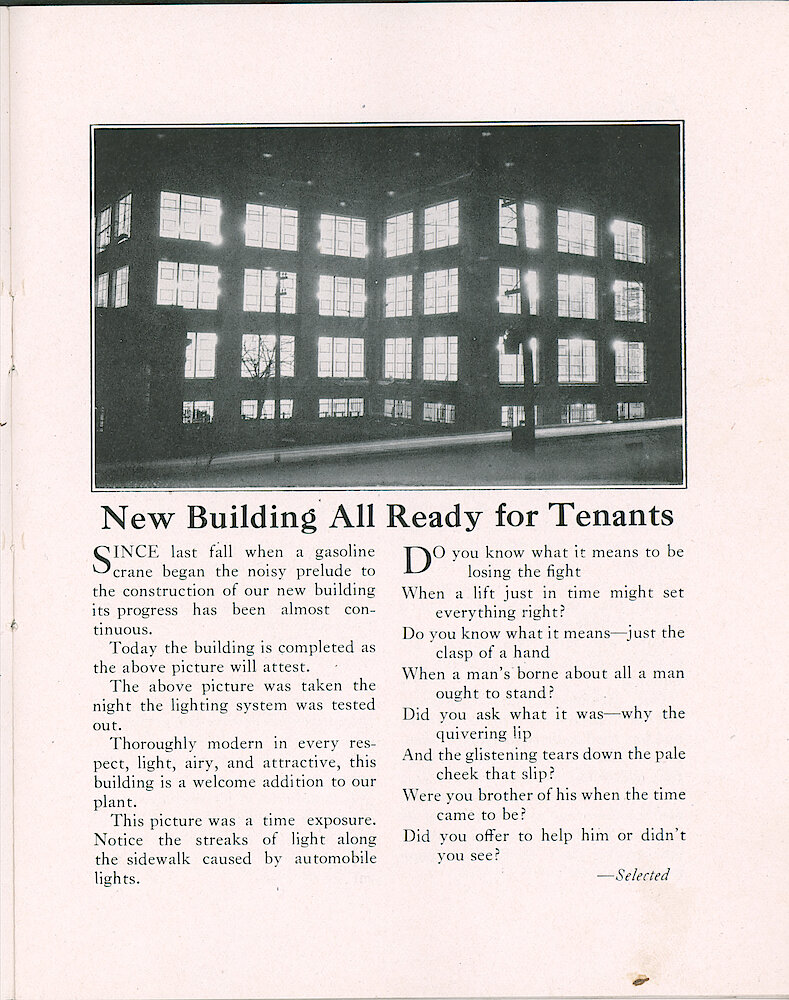 Westclox Tick talk, April 5, 1930 (Factory Edition), Vol. 15 No. 19 > 3. Factory: "New Building All Ready For Tenants" Night Picture, Time Exposure.