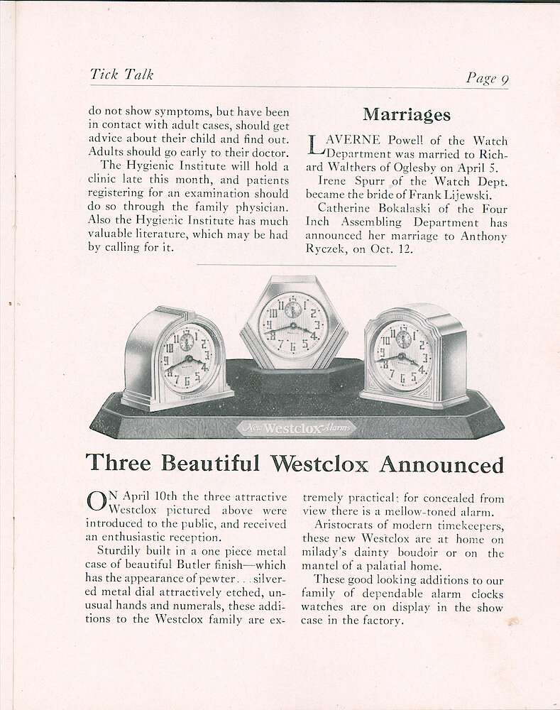 Westclox Tick Talk, April 20, 1930 (Factory Edition), Vol. 15 No. 20 > 9. New Models: The Three Dura Case Clocks With Non-luminous Dial.