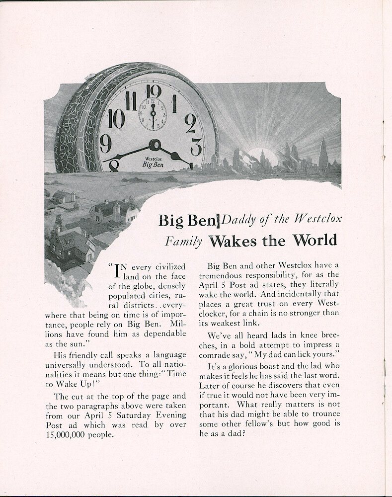 Westclox Tick Talk, April 20, 1930 (Factory Edition), Vol. 15 No. 20 > 10. Marketing: Advertisement: "Big Ben, Daddy Of The Westclox Family, Wakes The World" Big Ben Rising With The Sun. Appeared In April 5 Saturday Evening Post.