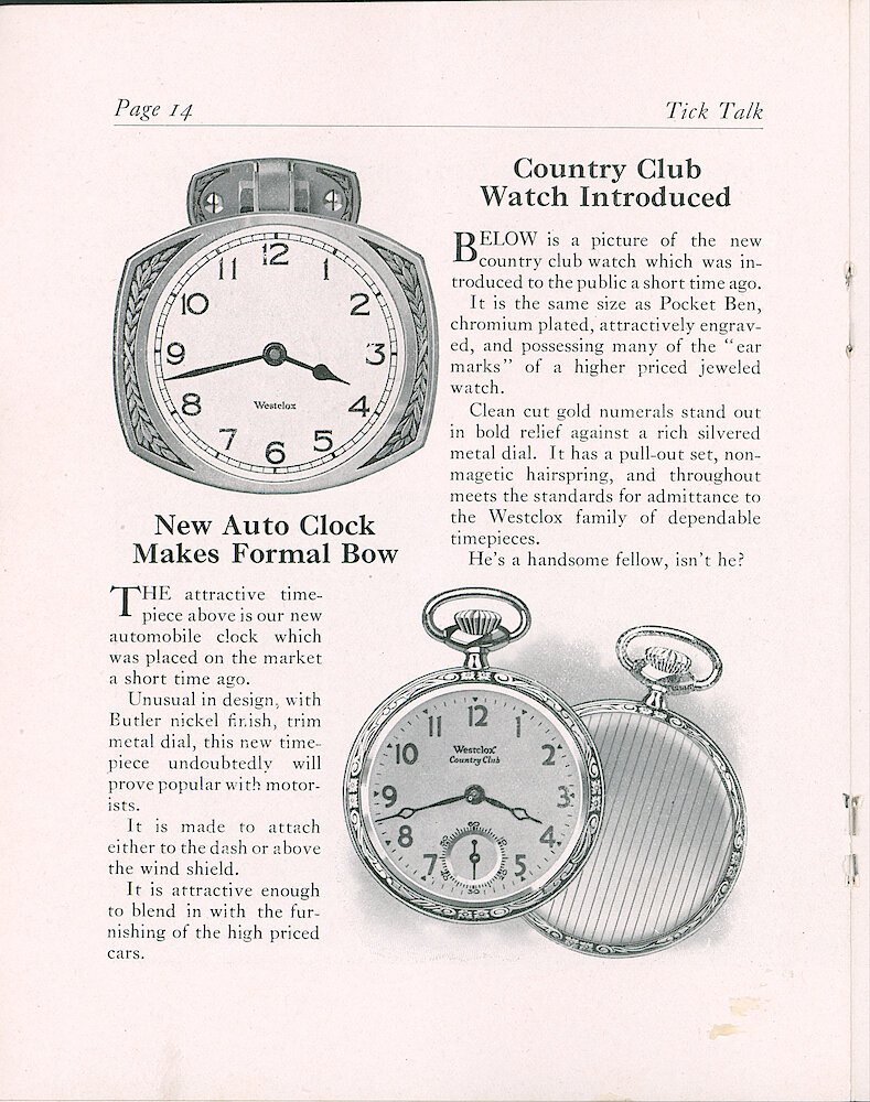 Westclox Tick Talk, April 20, 1930 (Factory Edition), Vol. 15 No. 20 > 14. New Models: New Auto Clock, Country Club Pocket Watch.