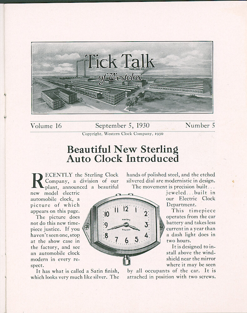 Westclox Tick Talk, September 5, 1930 (Factory Edition), Vol. 16 No. 5 > 1. New Model: Sterling Tonneau-shaped Automobile Clock, Mounted Near The Rear View Mirror.