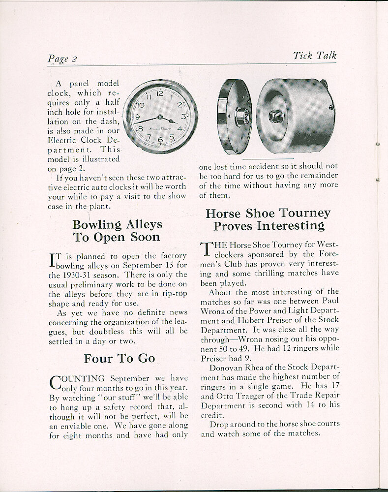 Westclox Tick Talk, September 5, 1930 (Factory Edition), Vol. 16 No. 5 > 2. Current Model: Sterling Round Dash-mount Automobile Clock That Needs Just A Half Inch Hole To Mount.