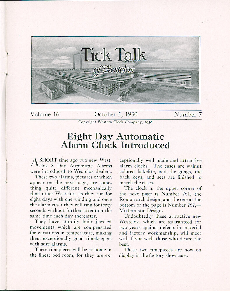 Westclox Tick Talk, October 5, 1930 (Factory Edition), Vol. 16 No. 7 > 1. New Models: "Eight Day Automatic Alarm Clock Introduced" Jeweled Movements, Model 261 Roman Arch Design, And 262 Modernistic Design.