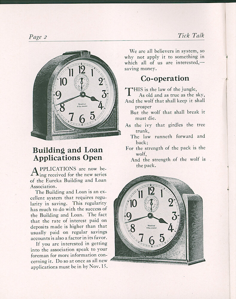 Westclox Tick Talk, October 5, 1930 (Factory Edition), Vol. 16 No. 7 > 2. New Models: "Eight Day Automatic Alarm Clock Introduced" Jeweled Movements, Model 261 Roman Arch Design, And 262 Modernistic Design.