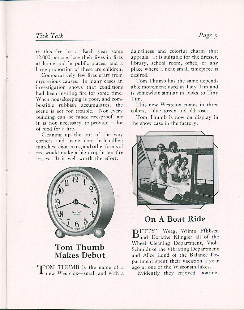 Westclox Tick Talk, October 5, 1930 (Factory Edition), Vol. 16 No. 7 > 5. New Models: Tom Thumb, Small Time Only Clock In Blue, Green And Old Rose.