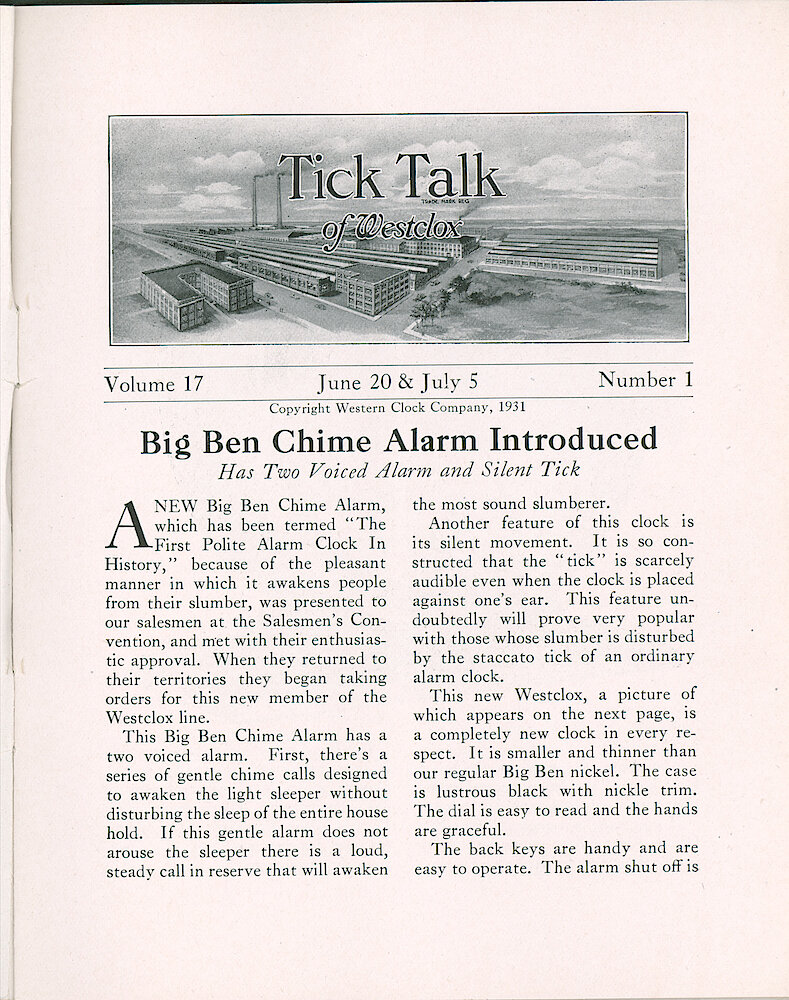 Westclox Tick Talk, June 20 & July 5, 1931 (Factory Edition), Vol. 17 No. 1 > 1. New Model: "Big Ben Chime Alarm Introduced" The First Polite Alarm Clock In History.