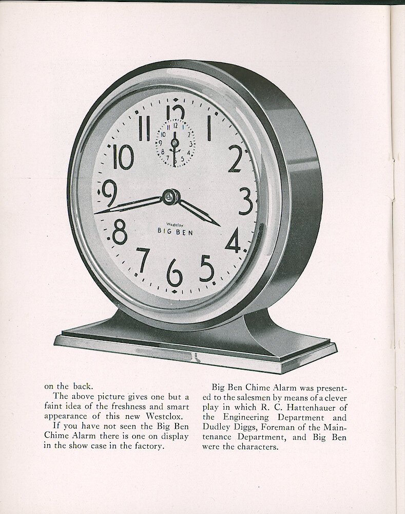 Westclox Tick Talk, June 20 & July 5, 1931 (Factory Edition), Vol. 17 No. 1 > 2. New Model: "Big Ben Chime Alarm Introduced" Illustrates Plain Dial Model.