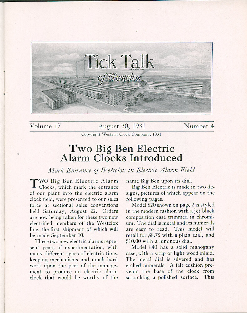 Westclox Tick Talk, August 20, 1931 (Factory Edition), Vol. 17 No. 4 > 1. New Models: "Two New Big Ben Electric Alarm Clocks Introduced — Mark Entrance Of Westclox In Electric Alarm Field" Model 820, Black Composition Case, Model 840 With Mahogany Case.