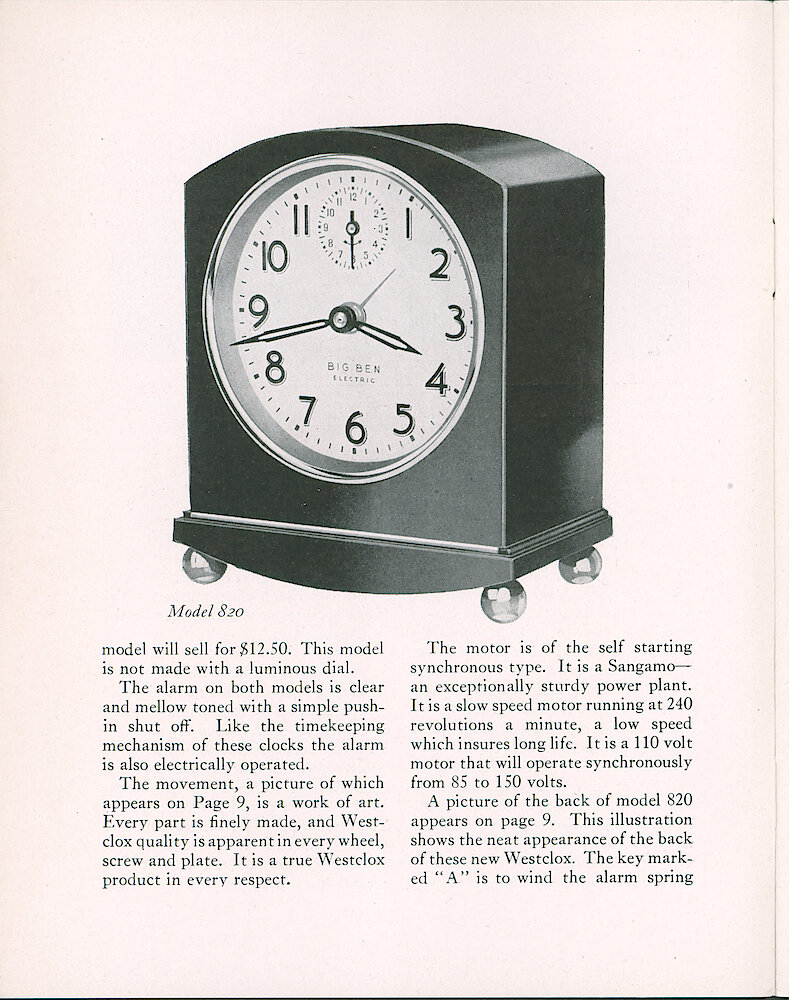 Westclox Tick Talk, August 20, 1931 (Factory Edition), Vol. 17 No. 4 > 2. New Models: "Two New Big Ben Electric Alarm Clocks Introduced" Picture: Model 820.