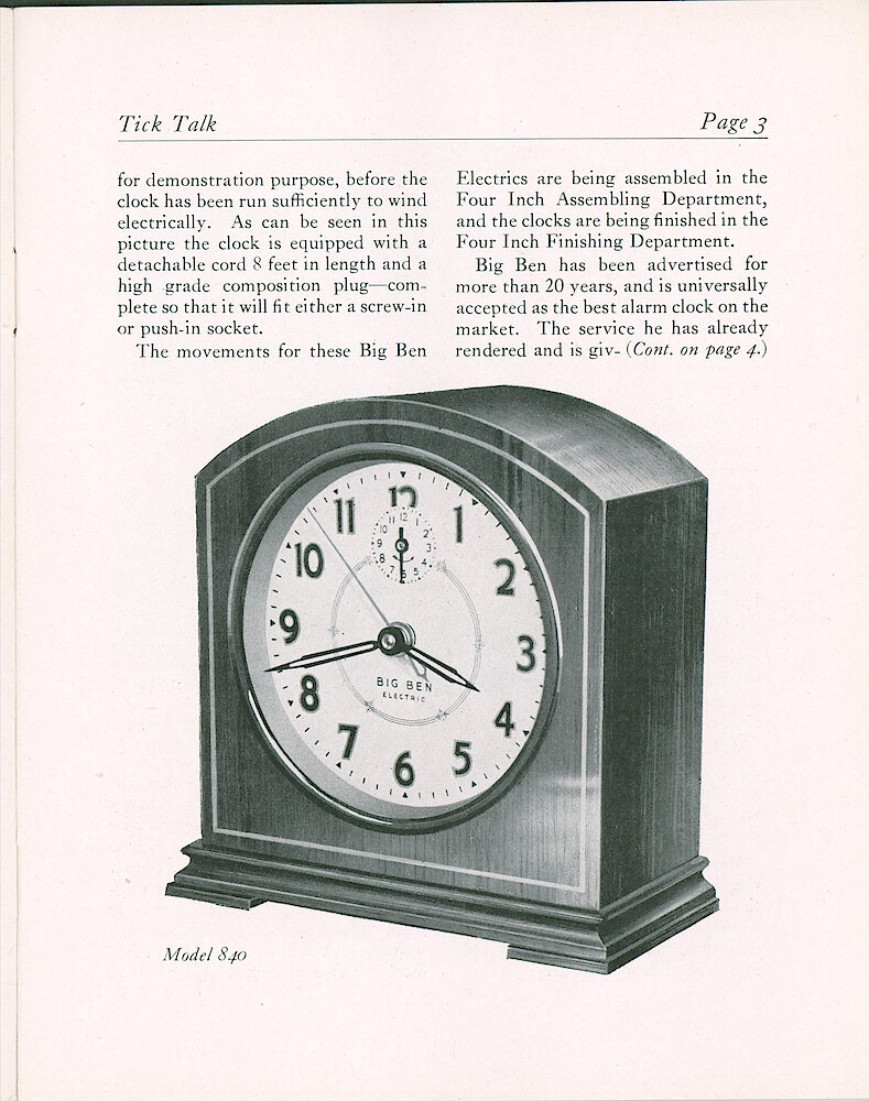 Westclox Tick Talk, August 20, 1931 (Factory Edition), Vol. 17 No. 4 > 3. New Models: "Two New Big Ben Electric Alarm Clocks Introduced" Picture: Model 840.