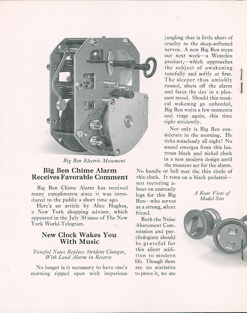 Westclox Tick Talk, August 20, 1931 (Factory Edition), Vol. 17 No. 4 > 8. New Models: "Two New Big Ben Electric Alarm Clocks Introduced" Picture: The Movement And Plug.