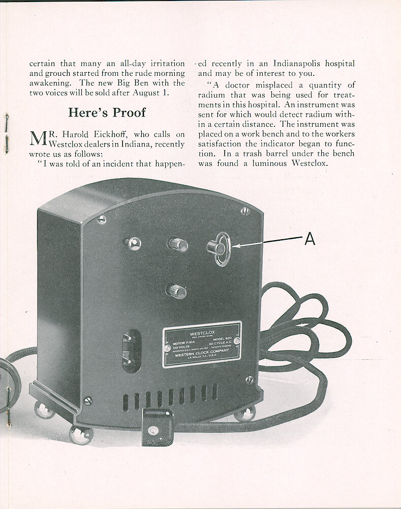 Westclox Tick Talk, August 20, 1931 (Factory Edition), Vol. 17 No. 4 > 9. New Models: "Two New Big Ben Electric Alarm Clocks Introduced" Picture: Rear View Of Model 820.