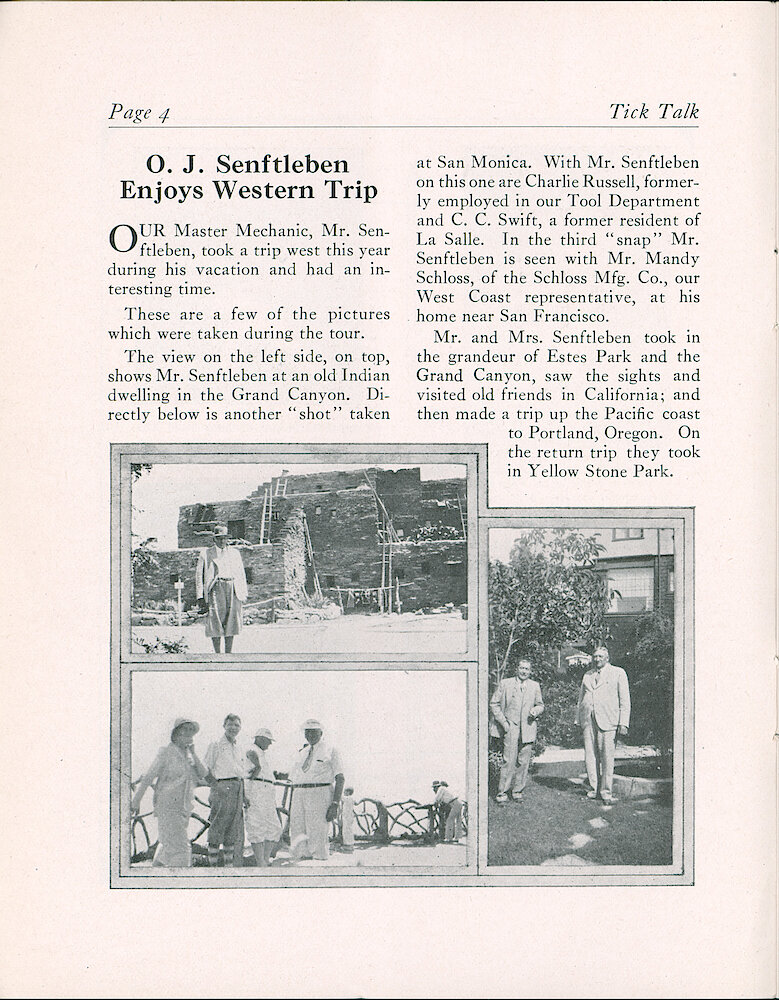 Westclox Tick Talk, September 5, 1931 (Factory Edition), Vol. 17 No. 5 > 4. Personnel: "O. J. Senftleben Enjoys Western Trip". Otto J. Senftleben Is Westclox Master Mechanic.