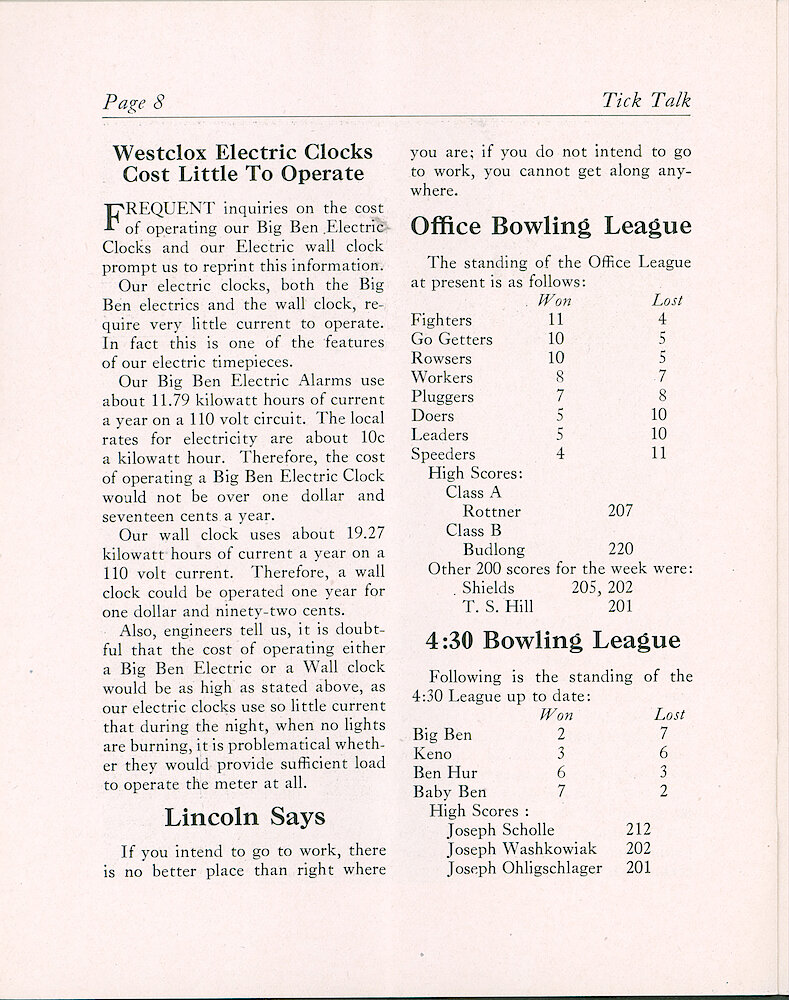 Westclox Tick Talk, February 20, 1932 (Factory Edition), Vol. 17 No. 11 > 8. Current Model: "Westclox Electric Clocks Cost Little To Operate"