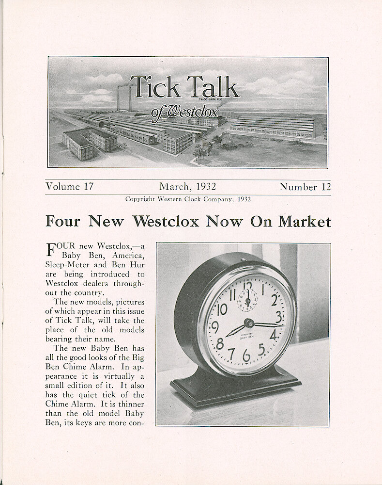 Westclox Tick Talk, March 1932 (Factory Edition), Vol. 17 No. 12 > 1. New Model: Baby Ben Style 3