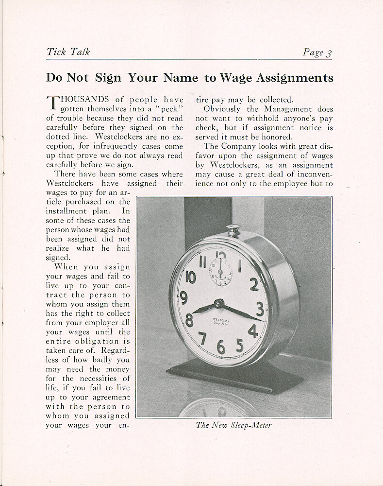 Westclox Tick Talk, March 1932 (Factory Edition), Vol. 17 No. 12 > 3. New Model: Sleep-Meter Style 2