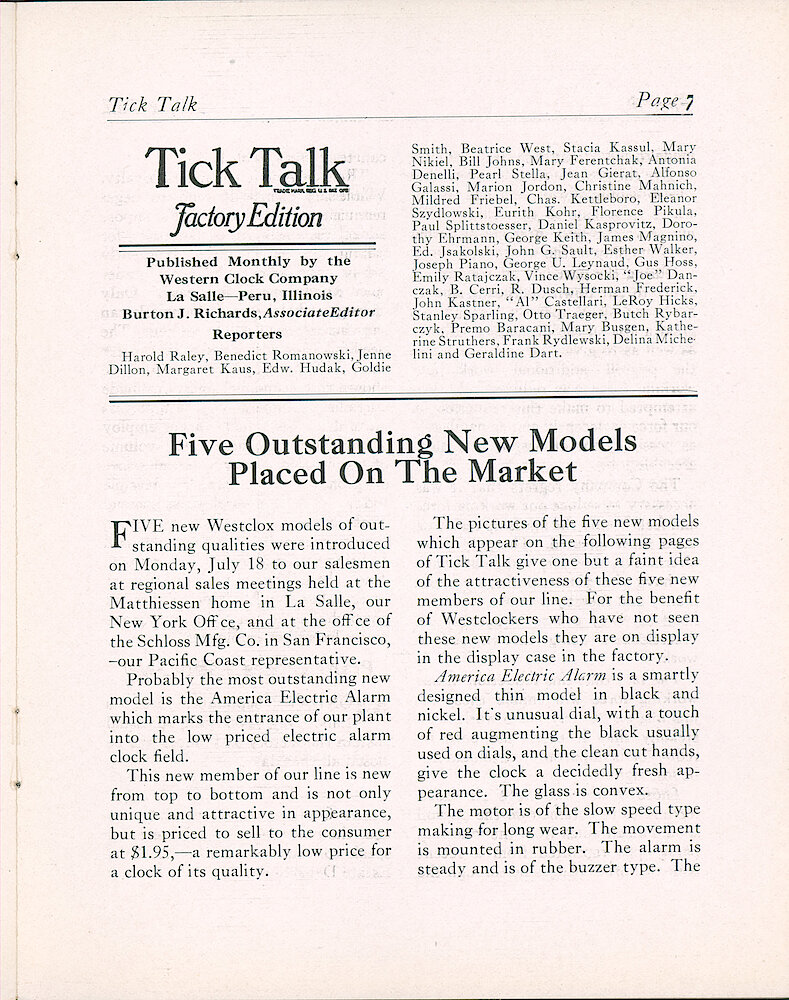 Westclox Tick Talk, August 1932 (Factory Edition), Vol. 18 No. 1 > 7. New Models: "Five Outstanding New Models Placed On The Market"