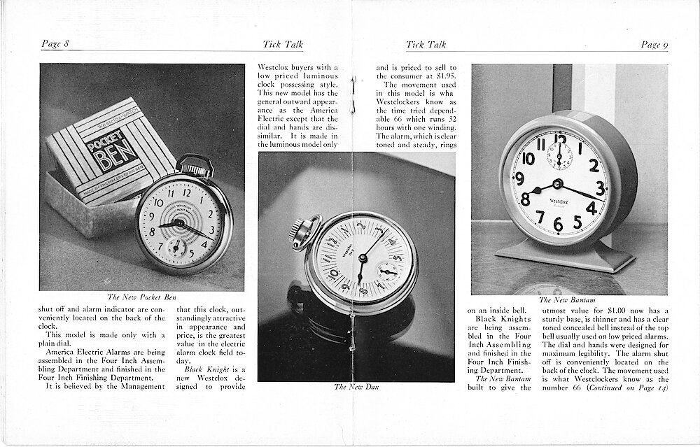 Westclox Tick Talk, August 1932 (Factory Edition), Vol. 18 No. 1 > 8-9-whole. New Models: "Five Outstanding New Models Placed On The Market" New Models: Pocket Ben Style 3, Dax Style 2, Bantam Style 2.