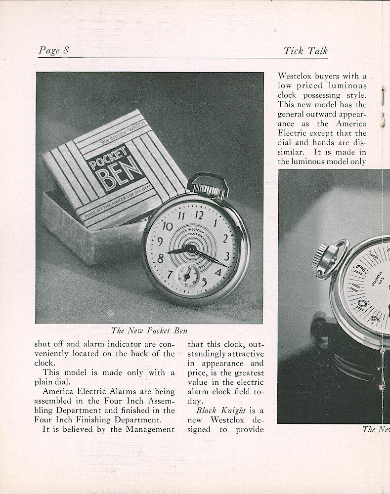 Westclox Tick Talk, August 1932 (Factory Edition), Vol. 18 No. 1 > 8. New Models: "Five Outstanding New Models Placed On The Market" New Model: Pocket Ben Style 3