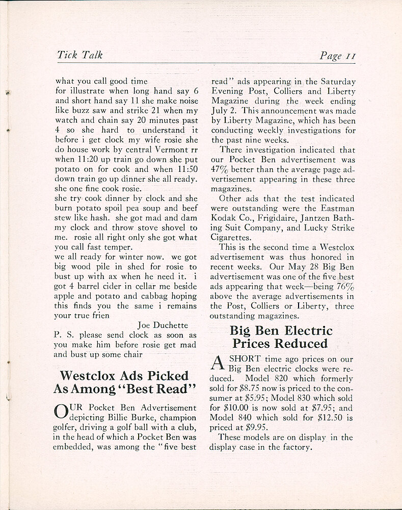 Westclox Tick Talk, August 1932 (Factory Edition), Vol. 18 No. 1 > 11. Price: "Big Ben Electric Prices Reduced" Article: Marketing: Westclox Ads Picked As Among "Best Read"