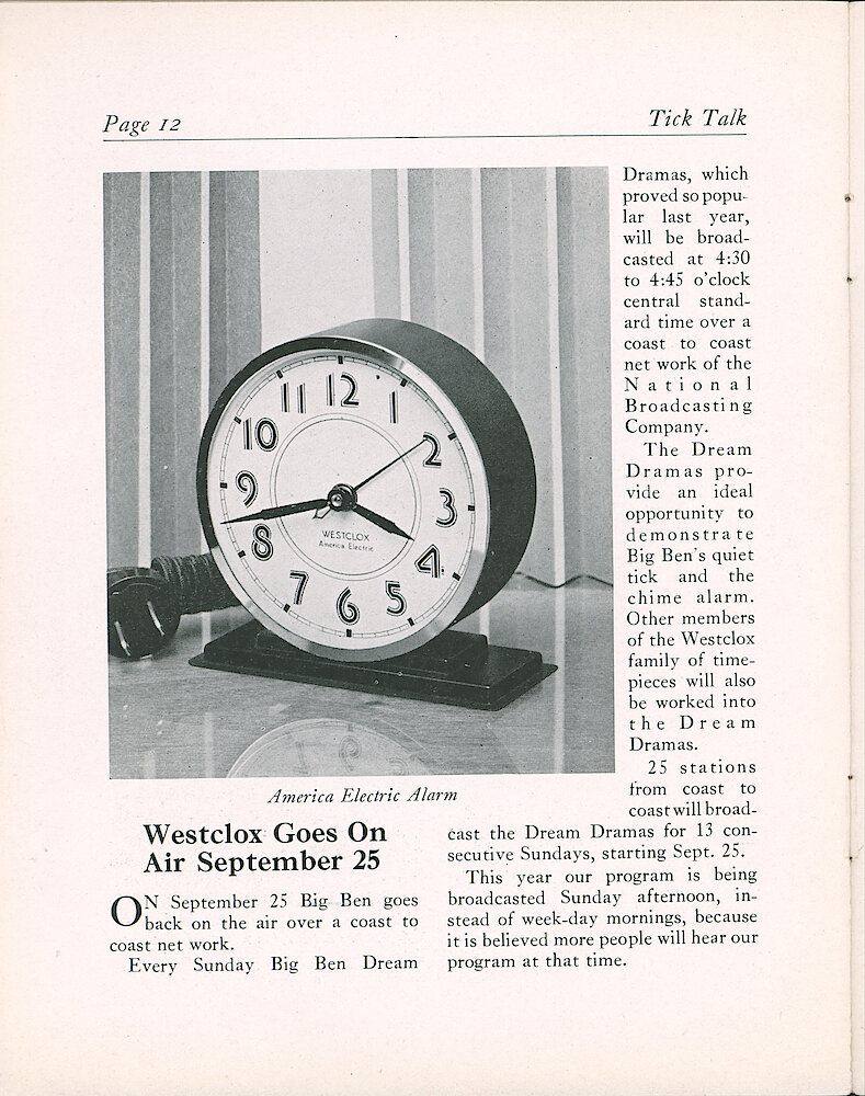 Westclox Tick Talk, August 1932 (Factory Edition), Vol. 18 No. 1 > 12. New Model: America Electric Alarm