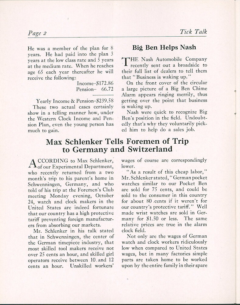 Westclox Tick Talk, November 1932 (Factory Edition), Vol. 18 No. 14 > 2. Article: "Max Schlenker Tells Foremen Of Trip To Germany And Switzerland" Comparison Of Labor Rates.