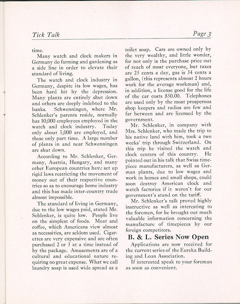 Westclox Tick Talk, November 1932 (Factory Edition), Vol. 18 No. 14 > 3. Article: "Max Schlenker Tells Foremen Of Trip To Germany And Switzerland"