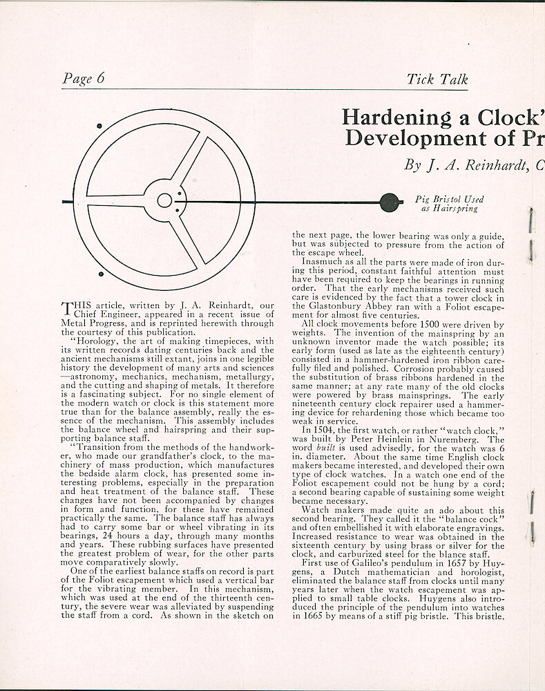 Westclox Tick Talk, November 1932 (Factory Edition), Vol. 18 No. 14 > 6. Manufacturing: "Hardening A Clock&039;s Balance Staff, Development Of Present Practice" By J. A, Reinhardt, Chief Engineer