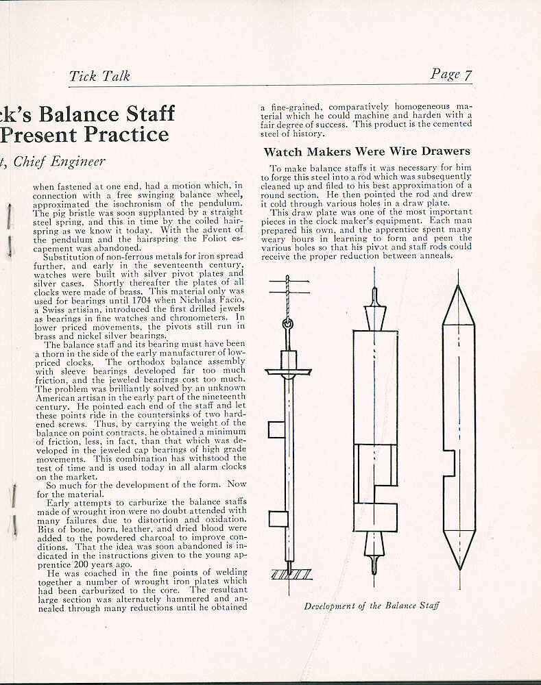 Westclox Tick Talk, November 1932 (Factory Edition), Vol. 18 No. 14 > 7. Manufacturing: "Hardening A Clock&039;s Balance Staff, Development Of Present Practice" By J. A, Reinhardt, Chief Engineer. Illustrates A Westclox Balance Staff.