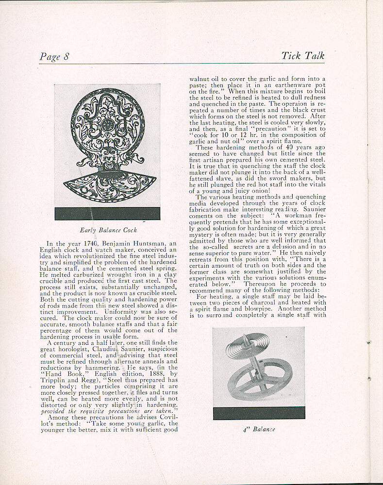 Westclox Tick Talk, November 1932 (Factory Edition), Vol. 18 No. 14 > 8. Manufacturing: "Hardening A Clock&039;s Balance Staff, Development Of Present Practice" By J. A, Reinhardt, Chief Engineer. Illustrates A Four Inch Balance.