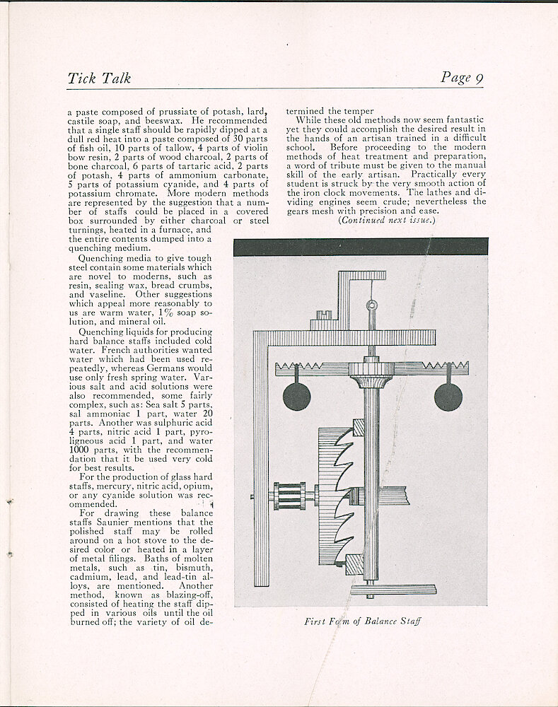 Westclox Tick Talk, November 1932 (Factory Edition), Vol. 18 No. 14 > 9. Manufacturing: "Hardening A Clock&039;s Balance Staff, Development Of Present Practice" By J. A, Reinhardt, Chief Engineer