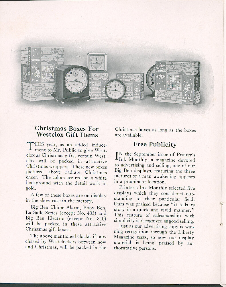 Westclox Tick Talk, December 1932 (Factory Edition), Vol. 18 No. 15 > 6. Marketing: "Christmas Boxes For Westclox Gift Items" Big Ben Chime Alarm, Baby Ben, LaSalle Series (except No. 403) And Big Ben Electric (except No. 840) Will Be Packed In These Attractive Gift Boxes.