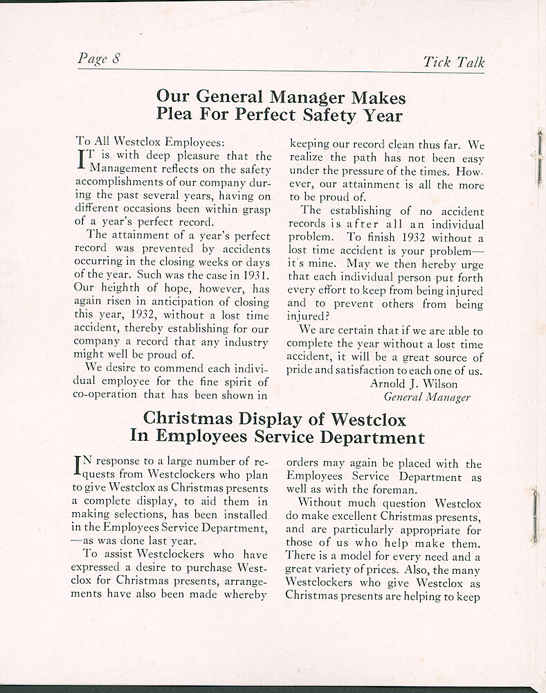 Westclox Tick Talk, December 1932 (Factory Edition), Vol. 18 No. 15 > 8. Marketing: "Christmas Display Of Westclox In Employees Service Department" To Assist Employees Who Desire To Purchase Westclox For Christmas Presents.