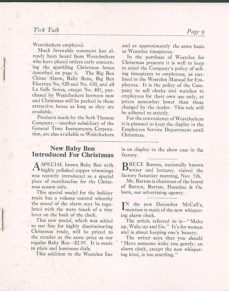 Westclox Tick Talk, December 1932 (Factory Edition), Vol. 18 No. 15 > 9. Marketing: "Christmas Display Of Westclox In Employees Service Department" New Model: "New Baby Ben Introduced For Christmas" Brown With Copper Trim (but I Think It Is Maroon Or Mahogany Color). The LOUD-SOFT Alarm Control Has Also Been Introduced.