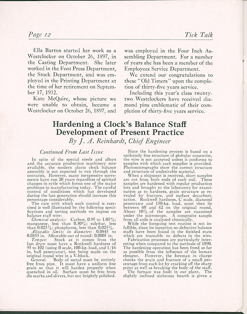 Westclox Tick Talk, December 1932 (Factory Edition), Vol. 18 No. 15 > 12. Manufacturing: "Hardening A Clock&039;s Balance Staff, Development Of Present Practice" By J. A, Reinhardt, Chief Engineer (part 2).