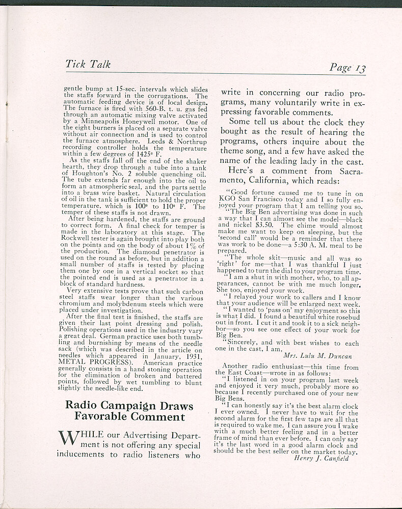 Westclox Tick Talk, December 1932 (Factory Edition), Vol. 18 No. 15 > 13. Manufacturing: "Hardening A Clock&039;s Balance Staff, Development Of Present Practice" By J. A, Reinhardt, Chief Engineer (part 2).