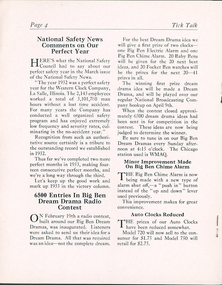 Westclox Tick Talk, March 1933 (Factory Edition), FE-V18-N17 > 4. Model Change: "Minor Improvement Made On Big Ben Chime Alarm" Alarm On/off Switch Changed From Sliding To Pull Knob. Price: "Auto Clocks Reduced"