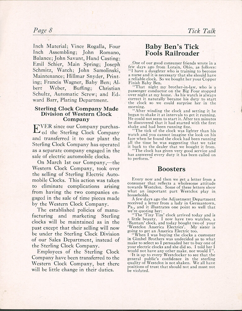 Westclox Tick Talk, March 1933 (Factory Edition), FE-V18-N17 > 8. Corporate: "Sterling Clock Company Made Division Of Western Clock Company"