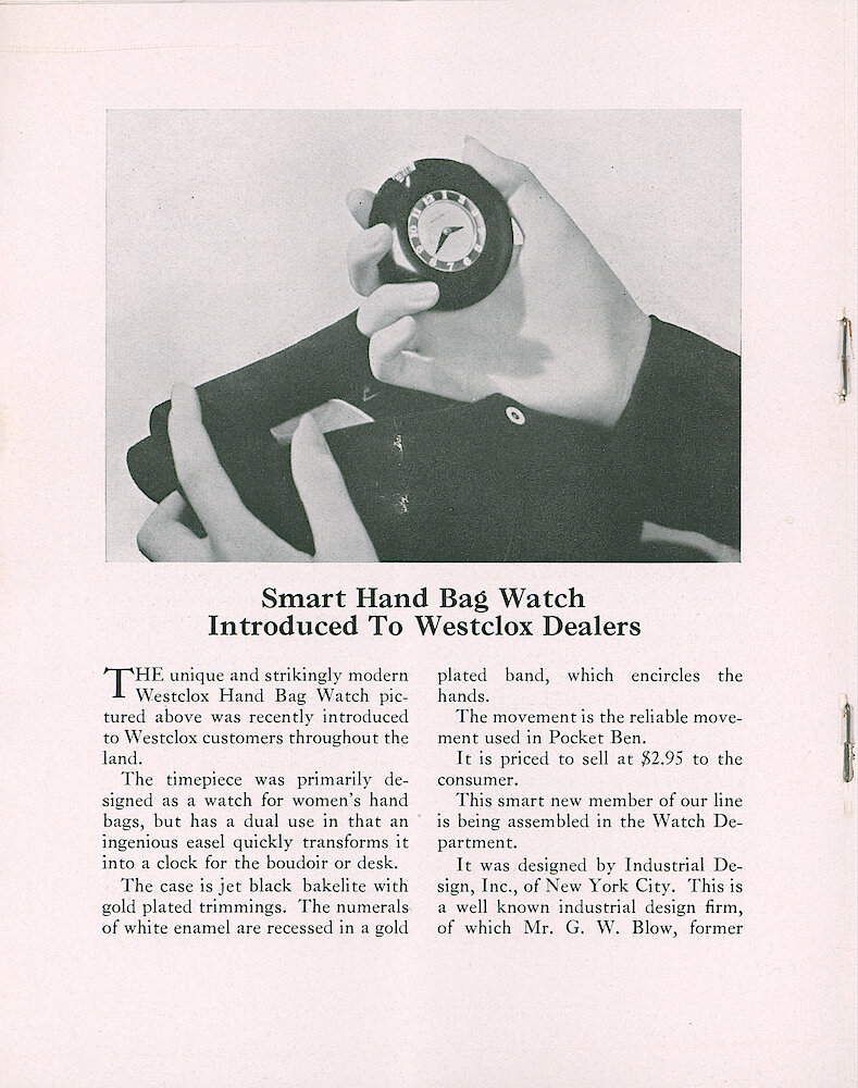 Westclox Tick Talk, November  1933 (Factory Edition), Vol. 19 No. 2 > 6. New Model: Hand Bag Watch. Black Bakelite, Gold Plated Chapter Ring With White Numerals.