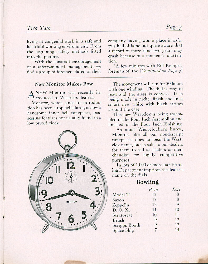 Westclox Tick Talk, May 1934 (Factory Edition), Vol. 19 No. 6 > 3. New Model: Monitor Style 3 (inside Bell Alarm With Legs).