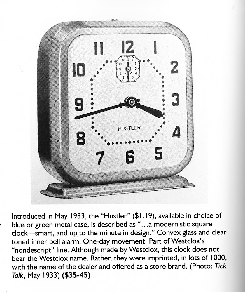 Westclox Tick Talk, May 1933 (Factory Edition), Vol. 18 No.  > hustler. New Model: Hustler, Blue Or Green. A "nondescript" Clock That Doesn&039;t Bear The Westclox Name.