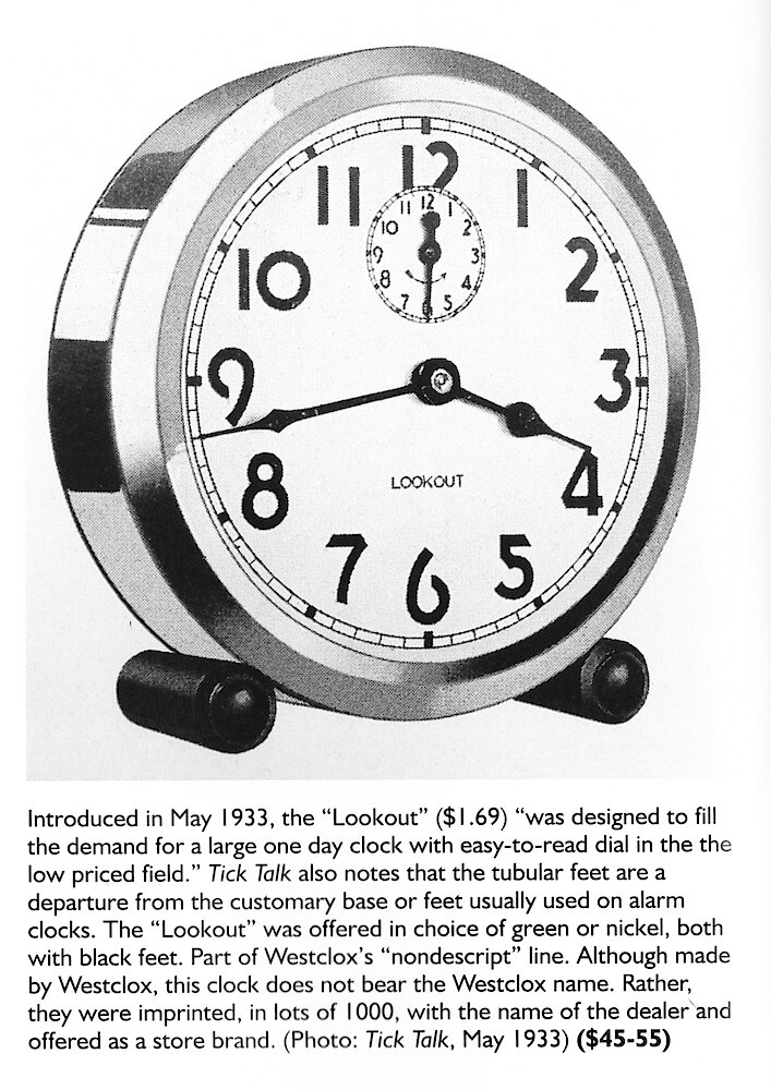 Westclox Tick Talk, May 1933 (Factory Edition), Vol. 18 No.  > lookout. New Model: Lookout Style 2, Green Or Nickel. A "nondescript" Clock That Doesn&039;t Bear The Westclox Name.