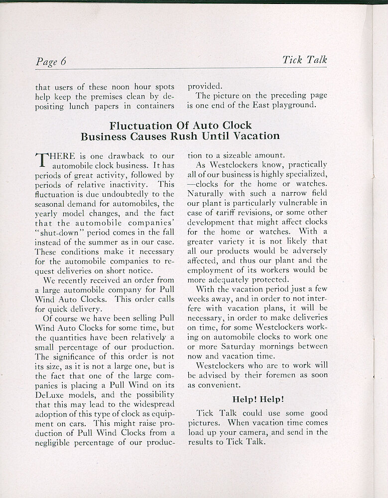 Westclox Tick Talk, June 1936 (Factory Edition), Vol. 21 No. 3 > 6. Marketing: "Fluctuation Of Auto Clock Business Causes Rush Until Vacation"